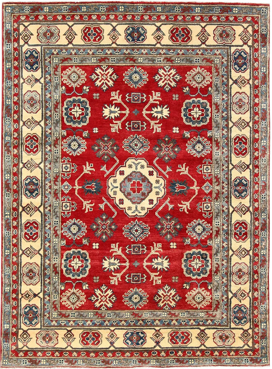 Red Afghan Kazak Rug 5' x 6' 8" Hand-Knotted | No. 63097