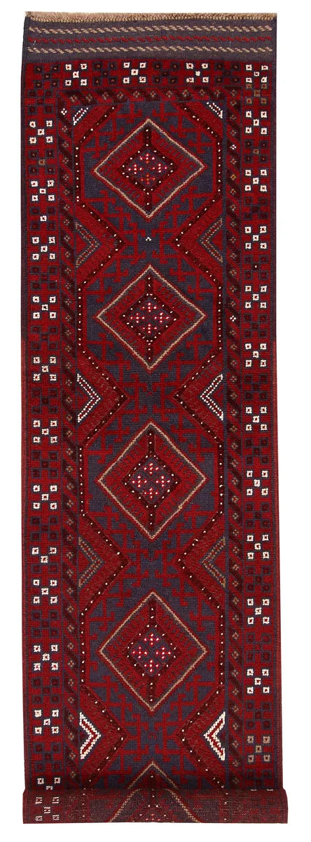 Red Afghan Mashwani Rug 2' x 7' 8" Hand-Knotted | No. 63150