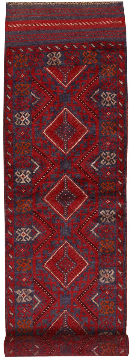 Red Afghan Mashwani Rug 2' x 8' 8" Hand-Knotted | No. 63196