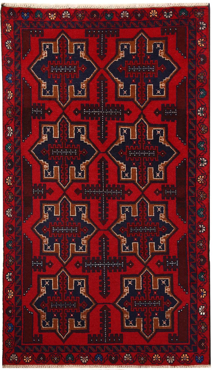 Red Afghan Baluchi Rug 3' 6 x 6' Hand-Knotted | No. 64326