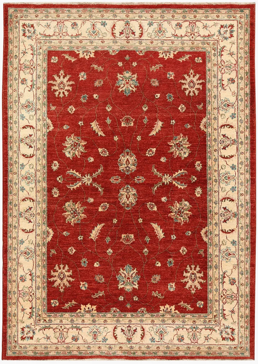 Red Afghan Ziegler Rug 5'6" x 7'10" Hand-Knotted | No. 65542