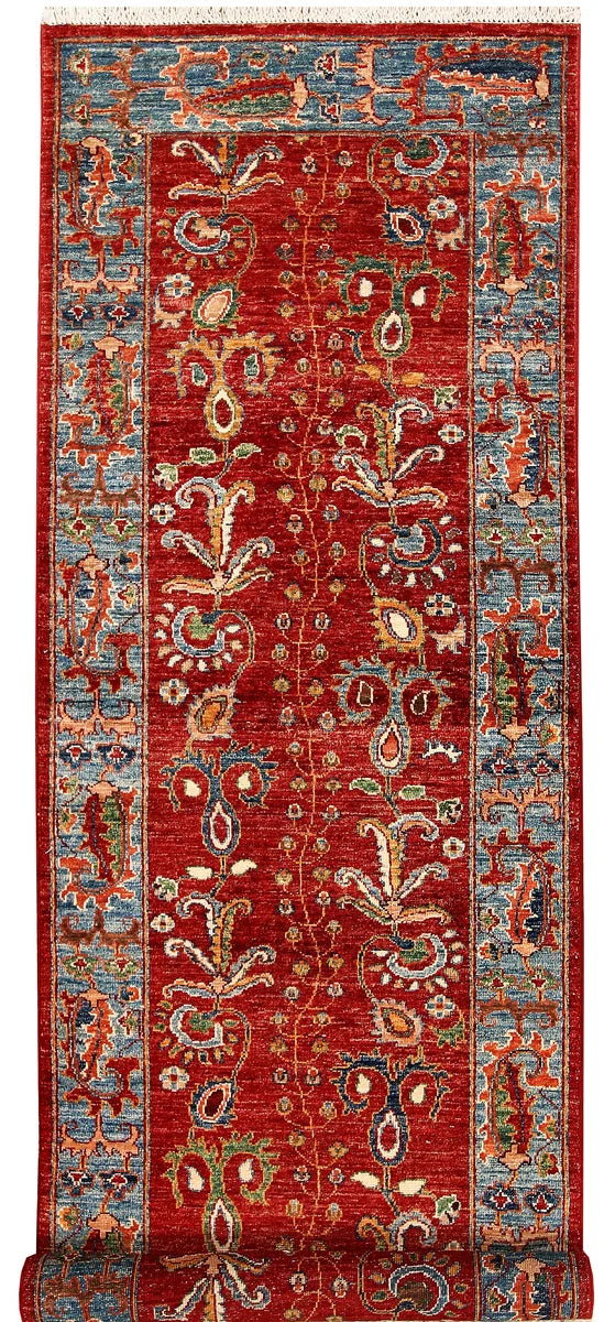 Red Afghan Ziegler Rug 2' 7" x 9' 4" Hand-Knotted | No. 65621