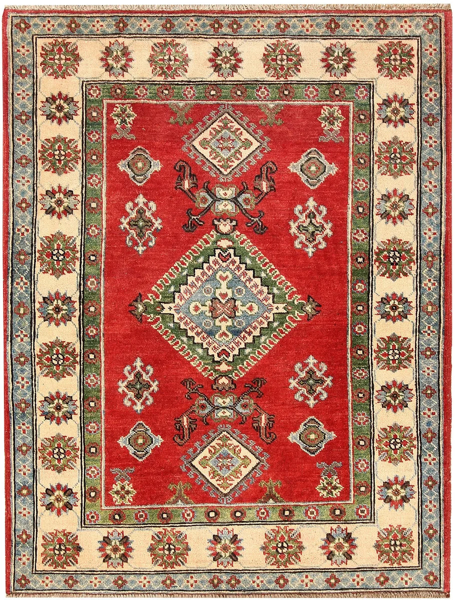 Red Afghan Kazak Rug 3' 5" x 4' 6" Hand-Knotted | No. 66526
