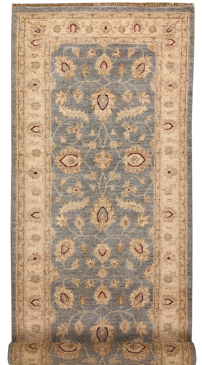 Light Slate Grey Afghan Ziegler Rug 3' 1" x 9' 4" Hand-Knotted | No. 67491