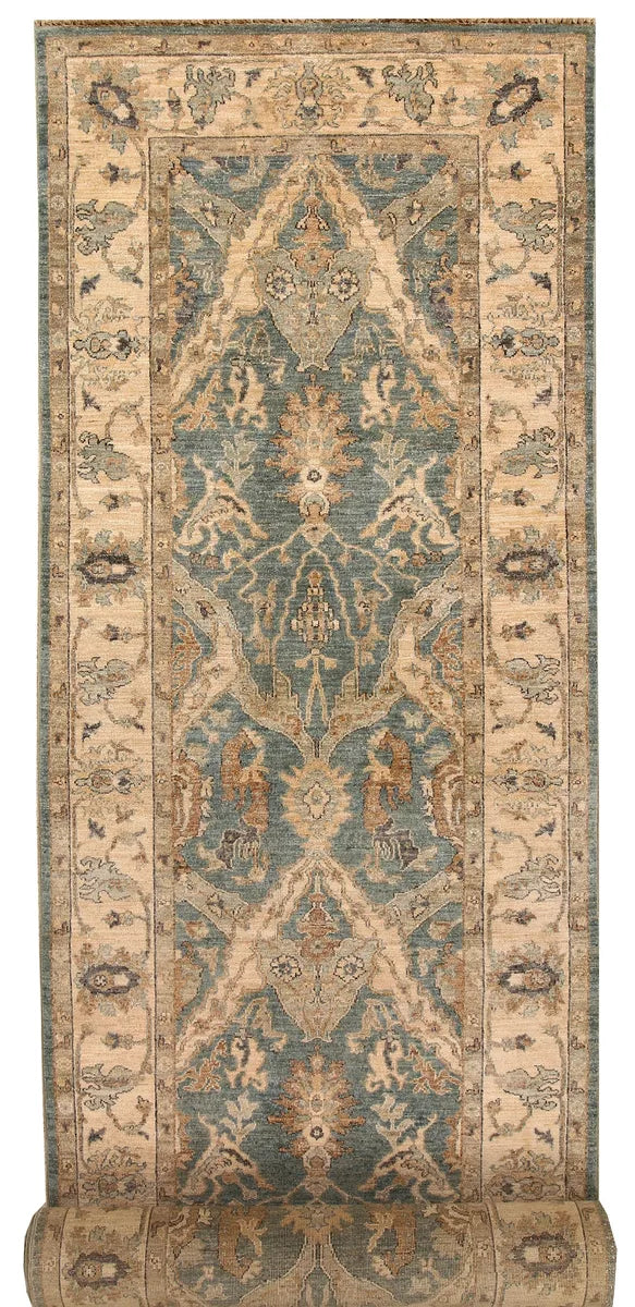 Blue Afghan Oushak Rug 3'5" x 17'2" Hand-Knotted | No. 67493