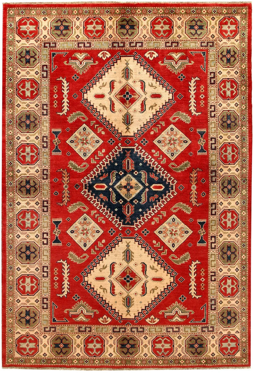 Red Afghan Kazak Rug 6' 8" x 9' 8" Hand-Knotted | No. 67595