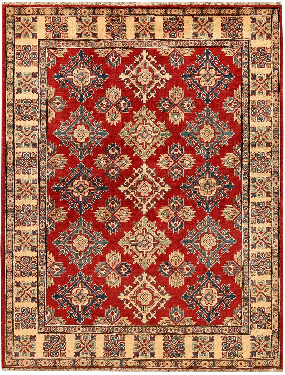 Red Afghan Kazak Rug 5' 2" x 6' 9" Hand-Knotted | No. 67629
