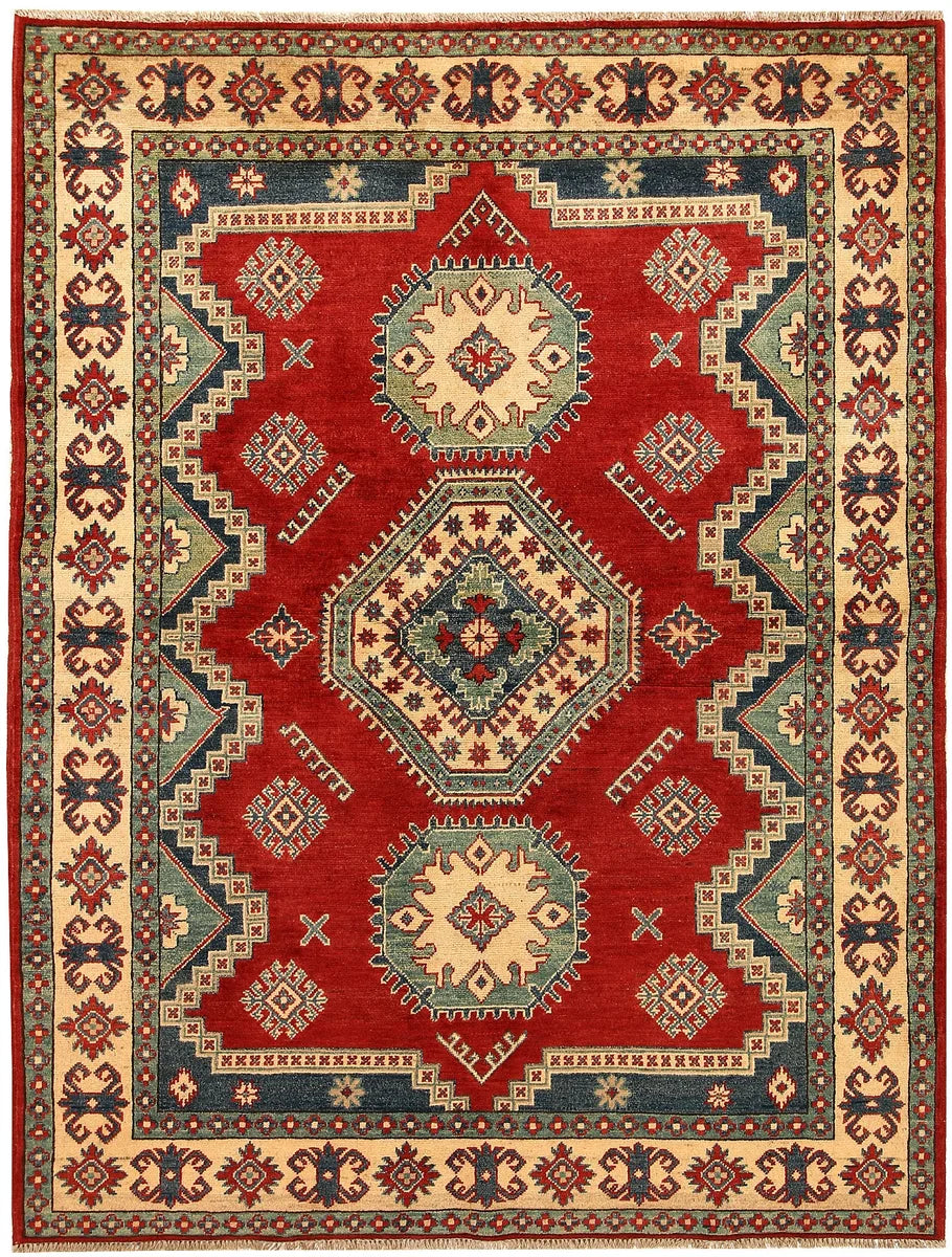 Red Afghan Kazak Rug 5'1" x 6'8" Hand-Knotted | No. 67632