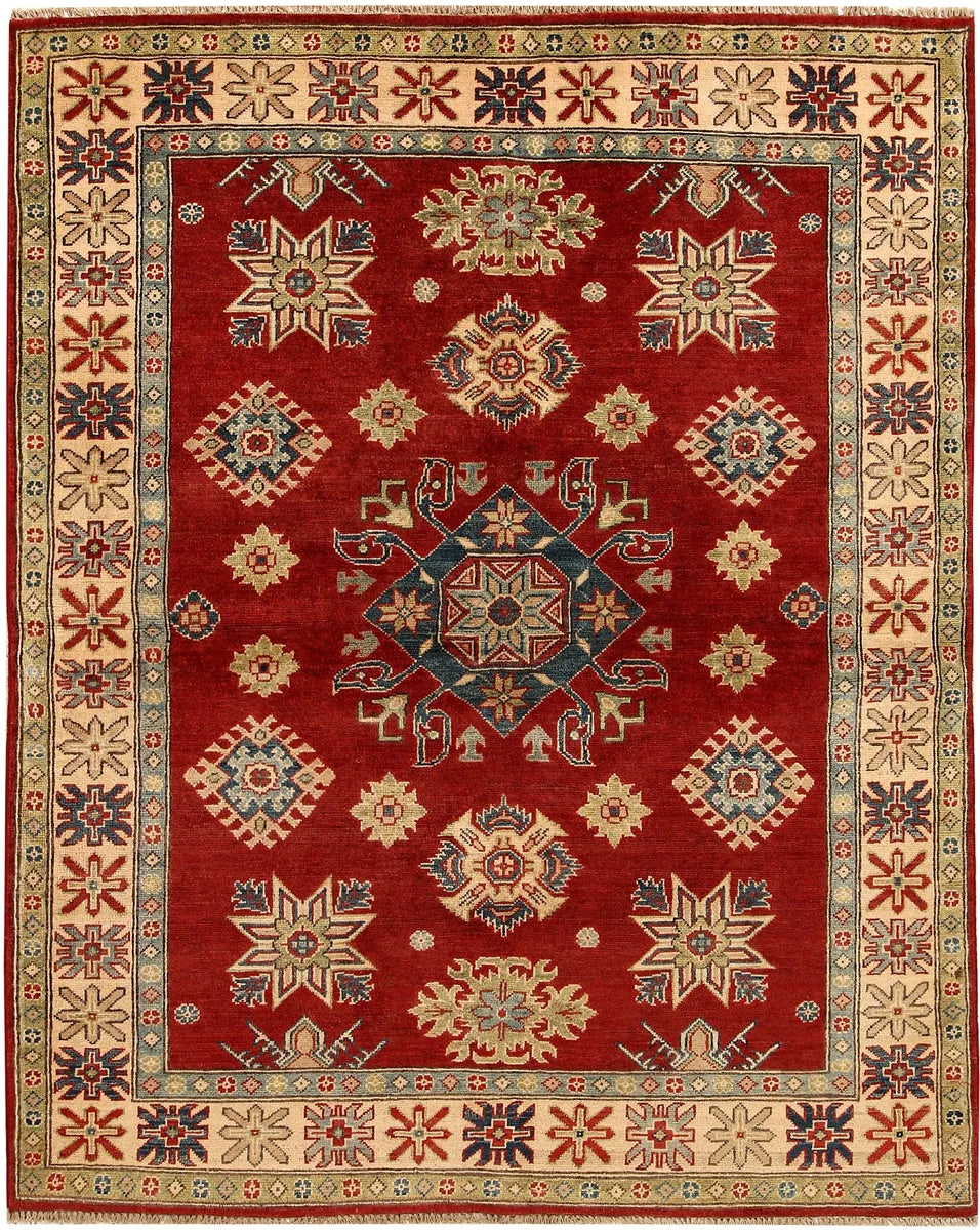 Red Afghan Kazak Rug 5' x 6' 3" Hand-Knotted | No. 67639