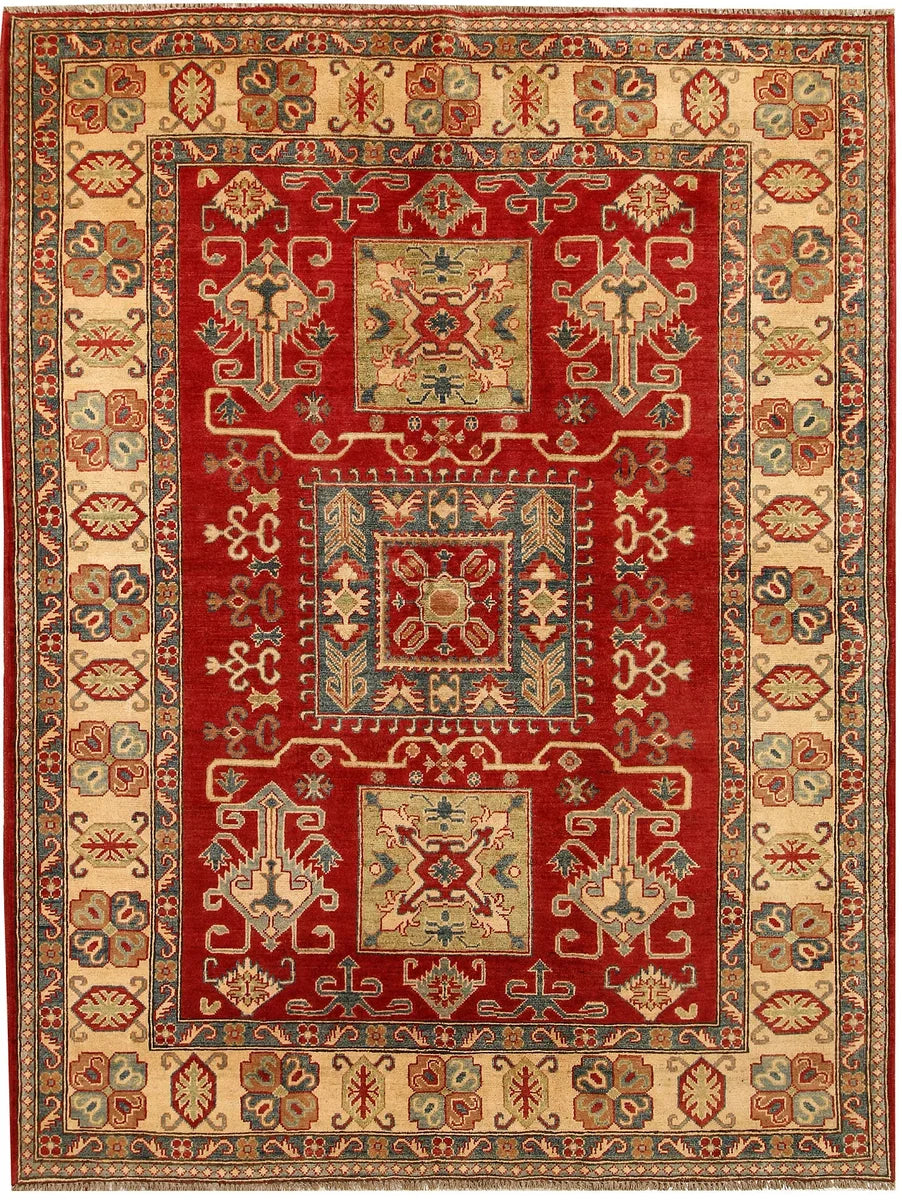 Red Afghan Kazak Rug 5' 10" x 7' 8" Hand-Knotted | No. 67642
