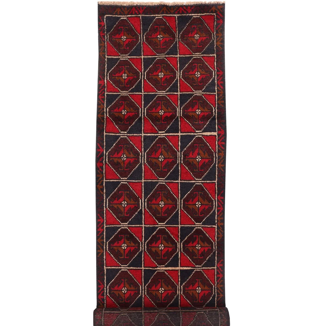 Red Afghan Baluchi Rug 2' 3" x 9' 5" Hand-Knotted | No. 67676
