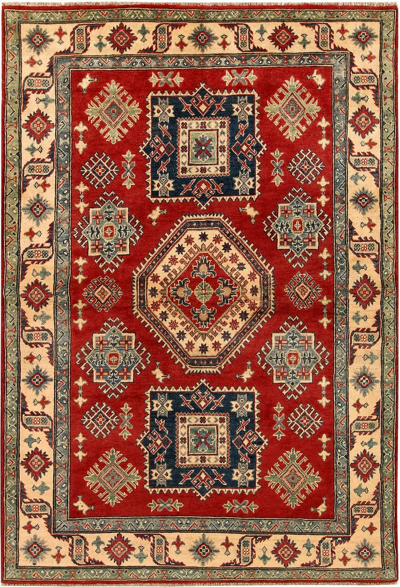 Red Afghan Kazak Rug 4' 11" x 7' 3" Hand-Knotted | No. 68296