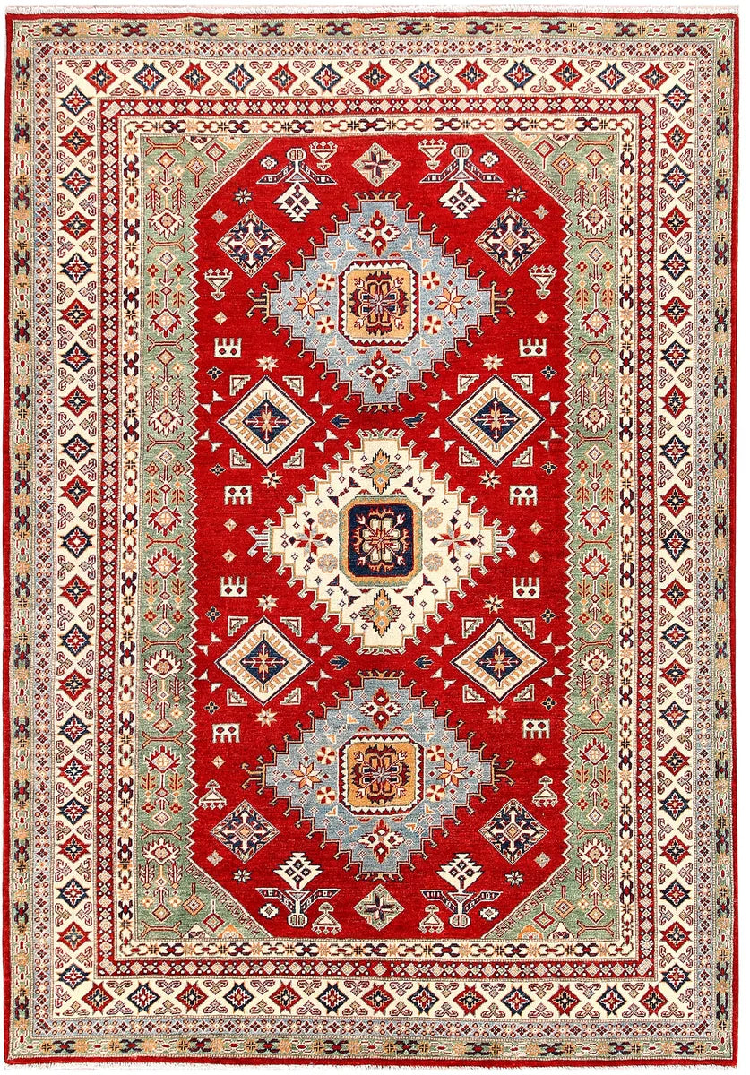 Firebrick Afghan Kazak Rug 6' 7 x 9' 3 Hand-Knotted | No. 70155