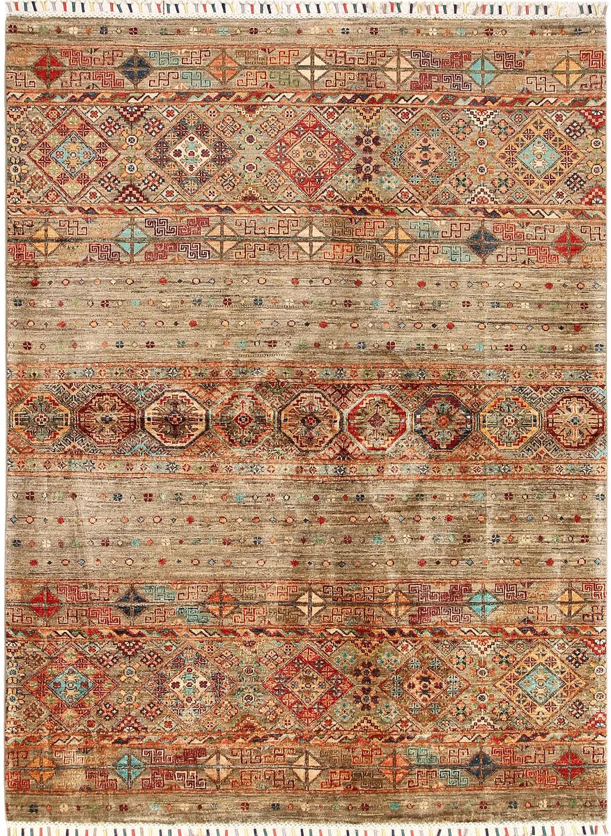 Tan Afghan Kazak Rug 5' x 6' 8" Hand-Knotted | No. 70865