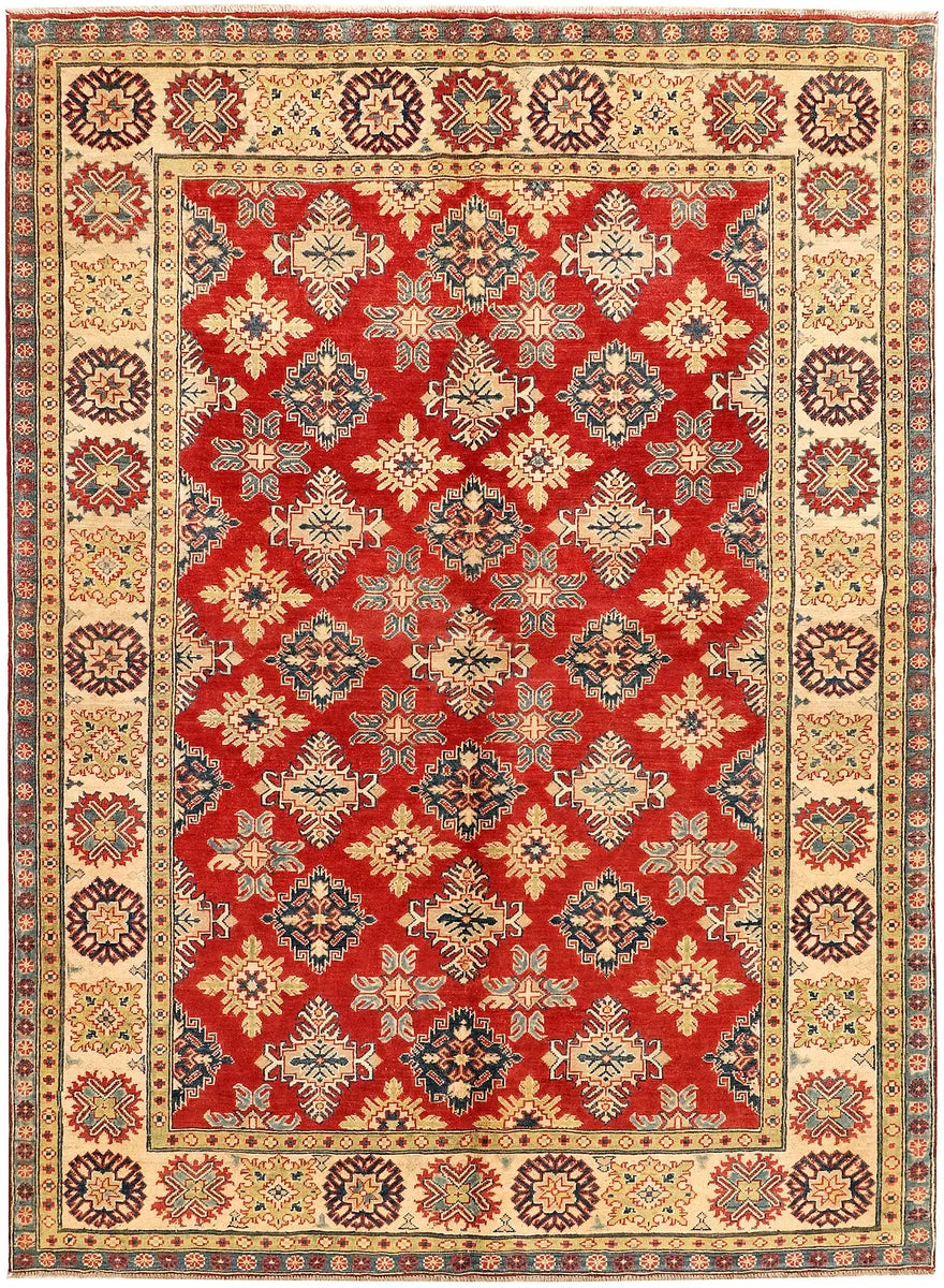 Red Afghan Kazak Rug 6' 5 x 8' 10 Hand-Knotted | No. 71349