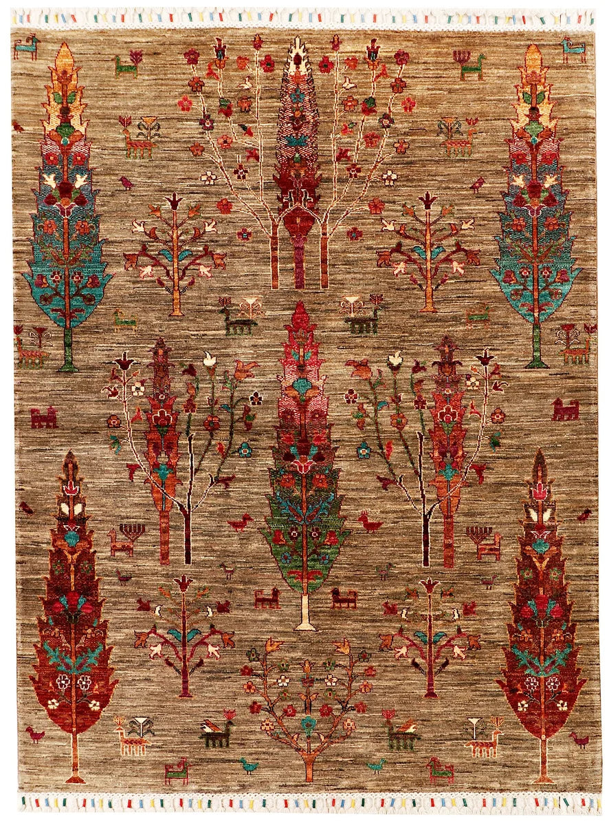 Tan Afghan Kazak Rug 4'11" x 6'5" Hand-Knotted | No. 71378