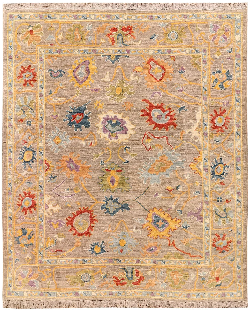 Tan Afghan Oushak Rug 8'2" x 9'7" Hand-Knotted | No. 73482