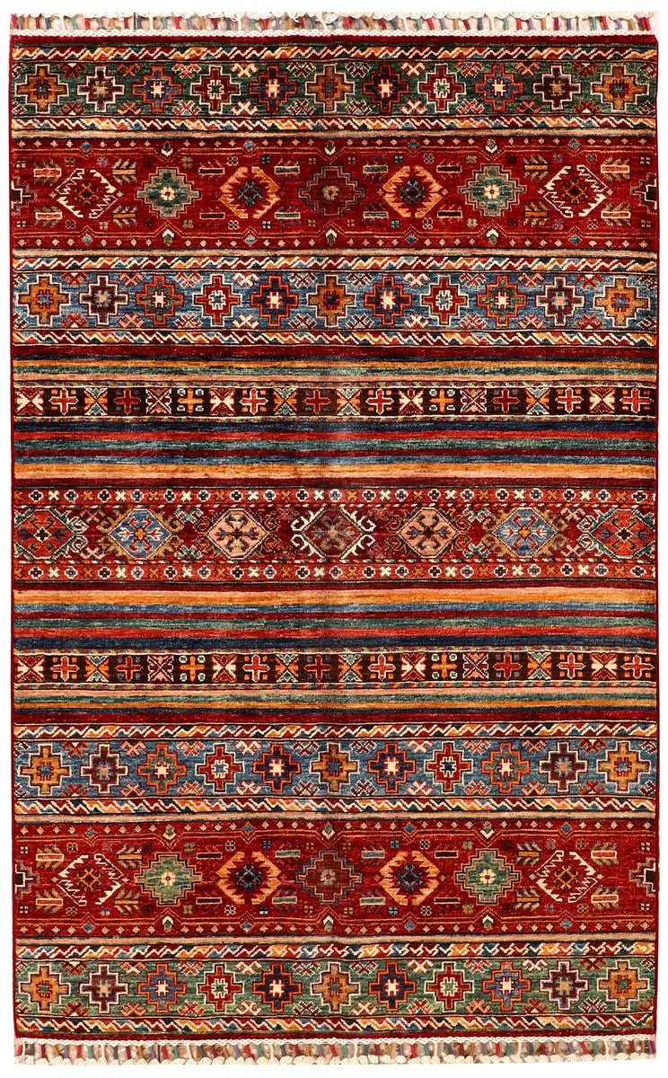 Afghan Kazak Rug 3' 11" x 5' 6" Hand-Knotted | No. 73520