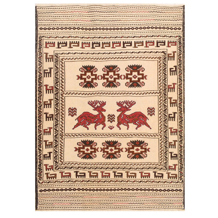 White Afghan Soumak Rug 4' 4" x 5' 9" Flat-Weave