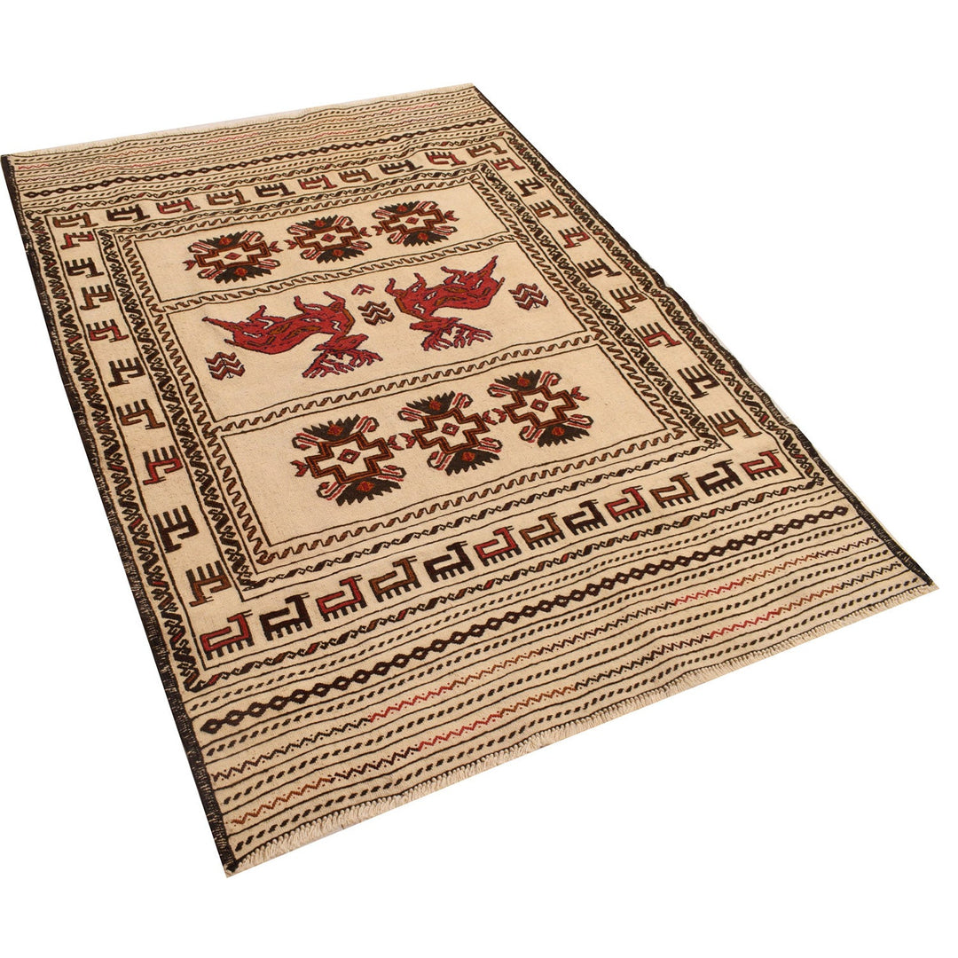 White Afghan Soumak Rug 4' 4" x 5' 9" Flat-Weave view