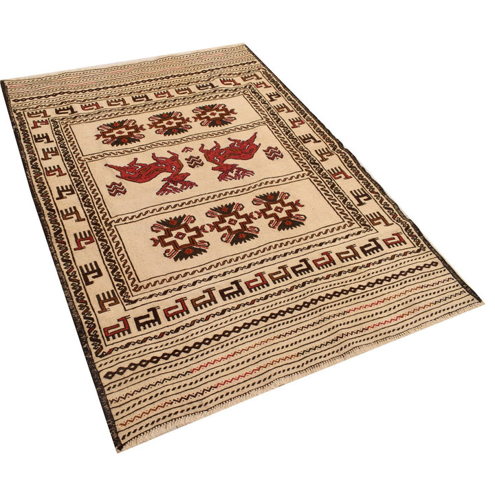 White Afghan Soumak Rug 4' 4" x 5' 9" Flat-Weave view