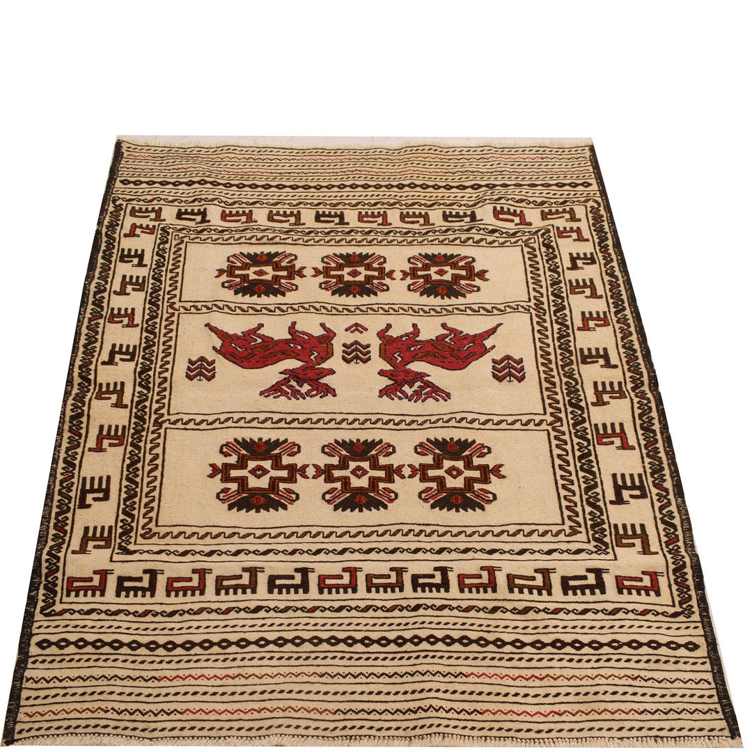 White Afghan Soumak Rug 4' 4" x 5' 9" Flat-Weave close-up