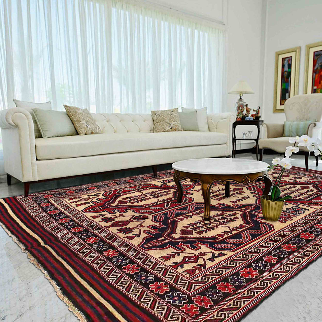 Beige Afghan Saghari Kilim Rug 6'7" x 8'8" Flat-Weave | No. AL17070