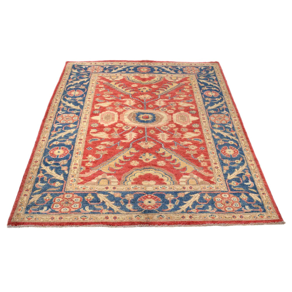 Red Afghan Heriz Rug 4' 0" x 5' 11" Hand-Knotted detail