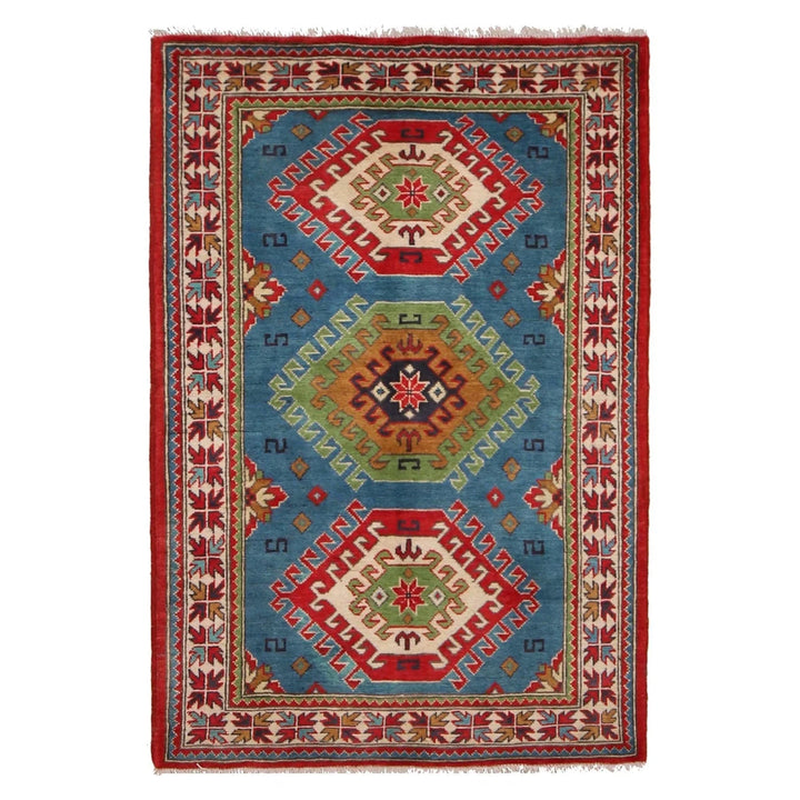 Blue Afghan Kazak Rug 3' 3" x 4' 8" Hand-Knotted | No. AL10081
