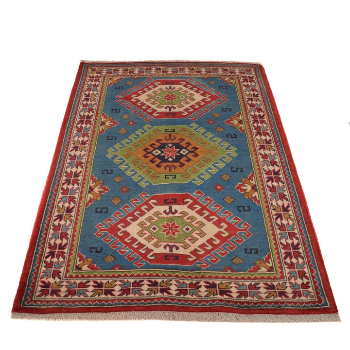Blue Afghan Kazak Rug 3' 3" x 4' 8" Hand-Knotted | No. AL10081