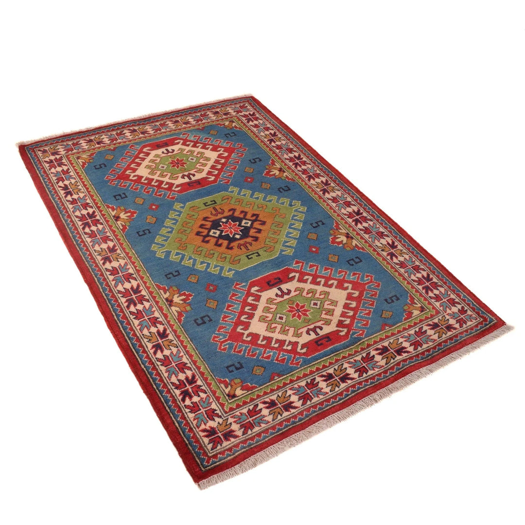 Blue Afghan Kazak Rug 3' 3" x 4' 8" Hand-Knotted | No. AL10081