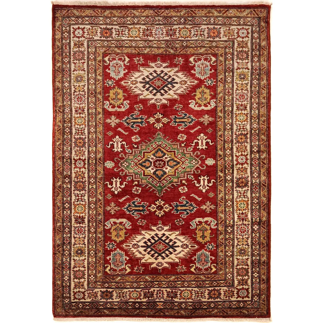 Red Afghan Kazak Rug 4' 1" x 5' 7" Hand-Knotted | No. AL10088