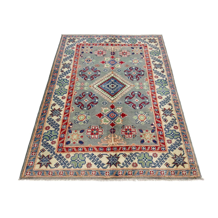 Gray Afghan Kazak Rug 4' 0" x 5' 9" Hand-Knotted | No. AL10128