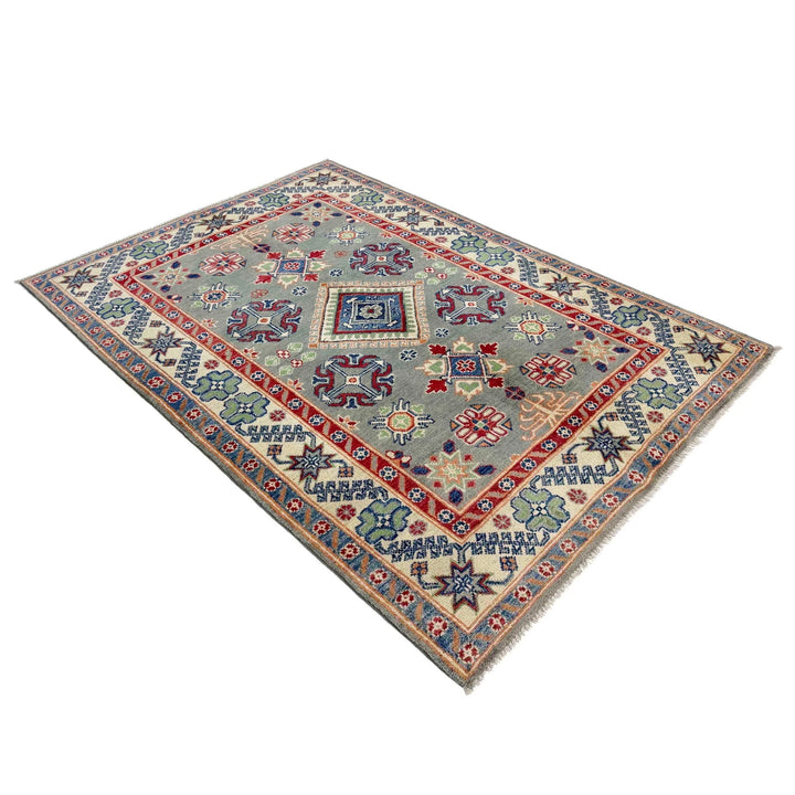 Gray Afghan Kazak Rug 4' 0" x 5' 9" Hand-Knotted | No. AL10128