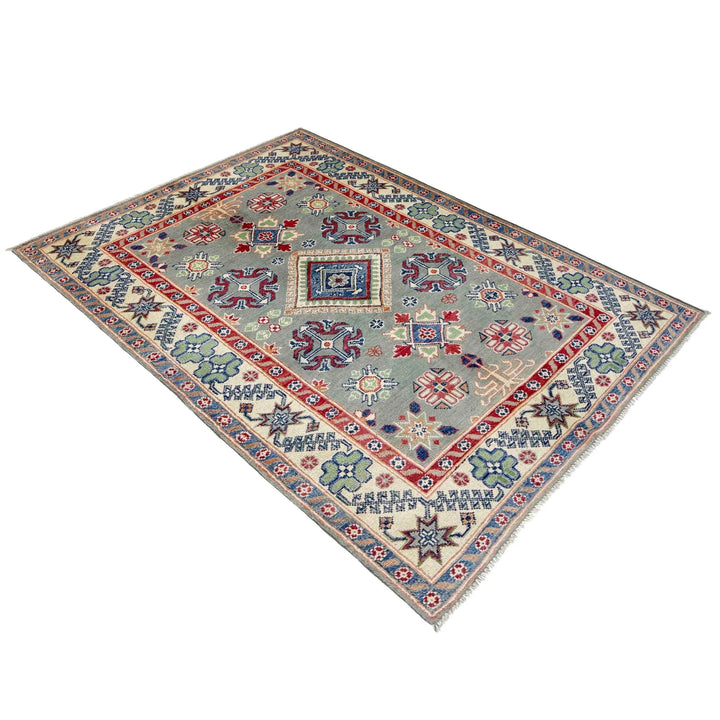 Gray Afghan Kazak Rug 4' 0" x 5' 9" Hand-Knotted | No. AL10128