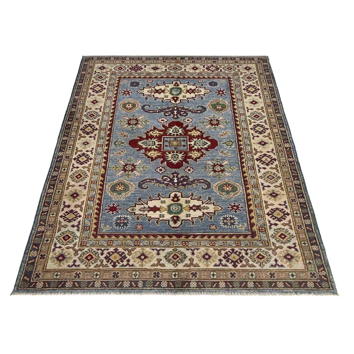 Blue Afghan Kazak Rug 4' 0" x 5' 11" Hand-Knotted | No. AL101383
