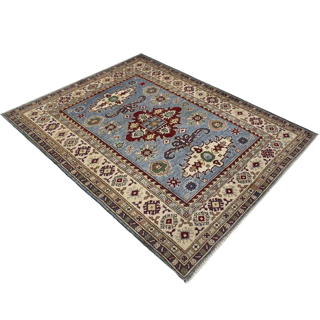 Blue Afghan Kazak Rug 4' 0" x 5' 11" Hand-Knotted | No. AL101383