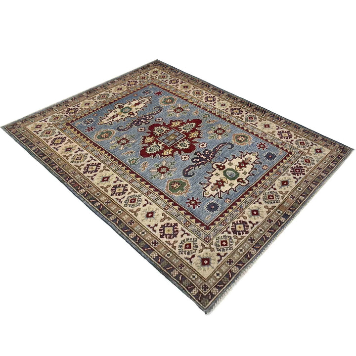 Blue Afghan Kazak Rug 4' 0" x 5' 11" Hand-Knotted | No. AL101383
