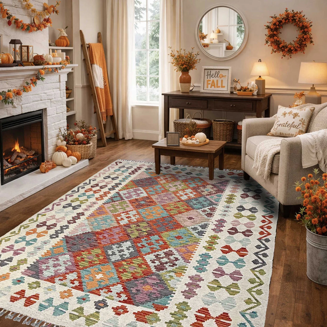Afghan Vegetable Kilim Rug 5' 1" x 6' 7" Flat-Weave | No. AL10195