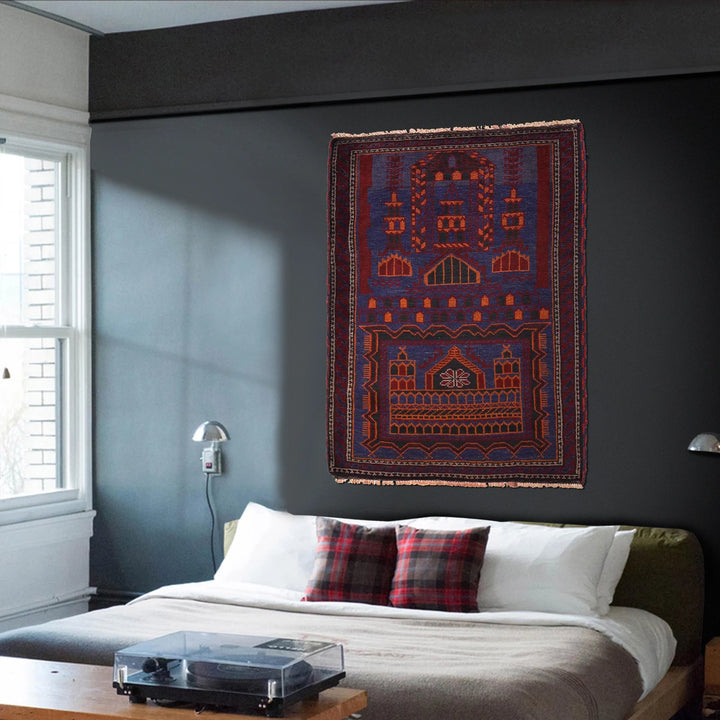Blue Afghan Prayer Rug 3' 1" x 4' 8" Hand-Knotted | No. AL10430