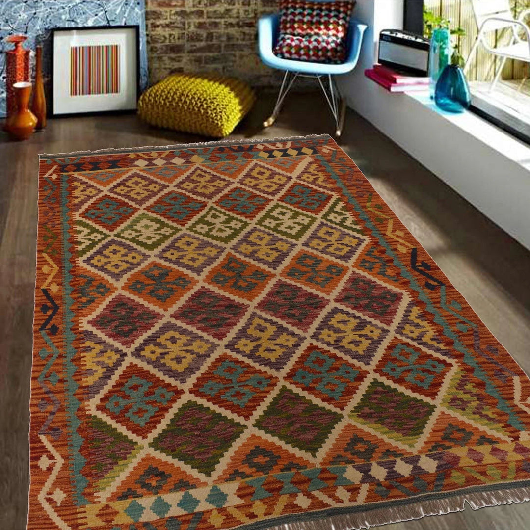 Afghan Kilim Rug 4' 11" x 6' 6" Flat-Weave | No. AL10432