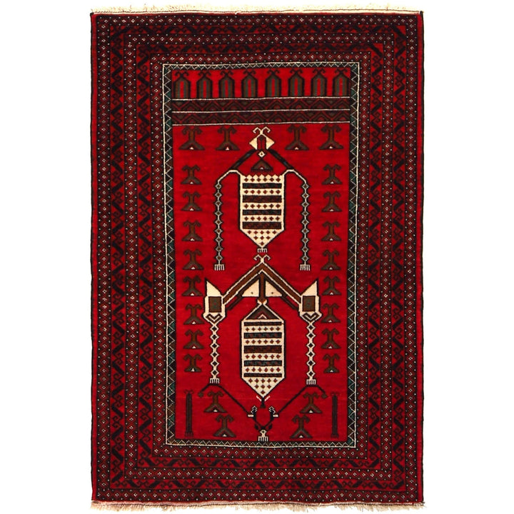 Red Afghan Baluchi Rug 2' 11" x 4' 7" Hand-Knotted | No. AL10479