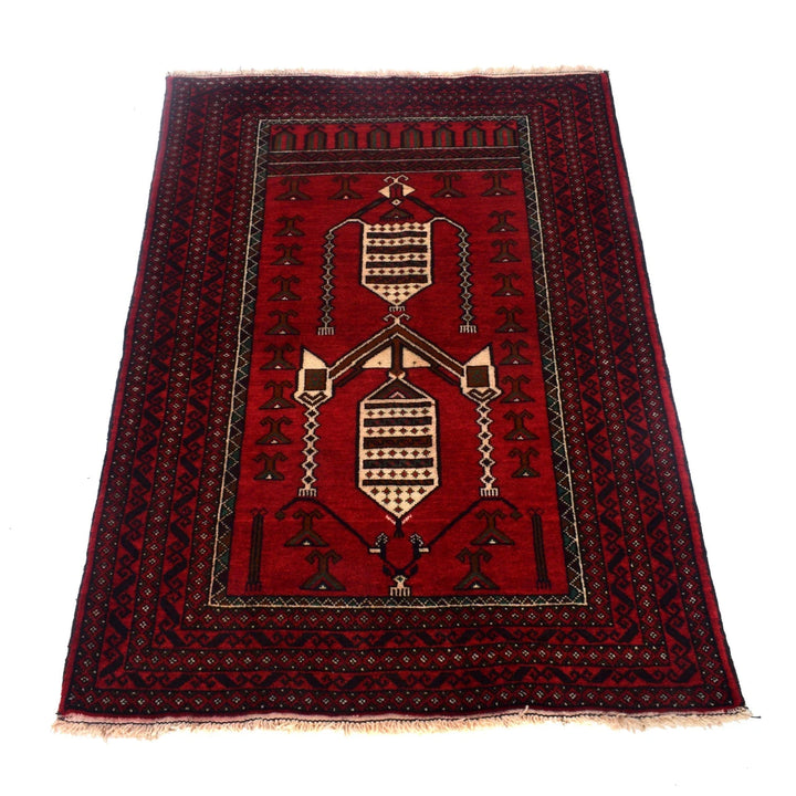 Red Afghan Baluchi Rug 2' 11" x 4' 7" Hand-Knotted | No. AL10479
