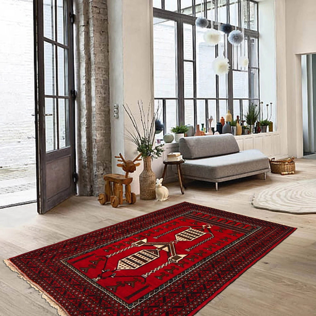 Red Afghan Baluchi Rug 2' 11" x 4' 7" Hand-Knotted | No. AL10479