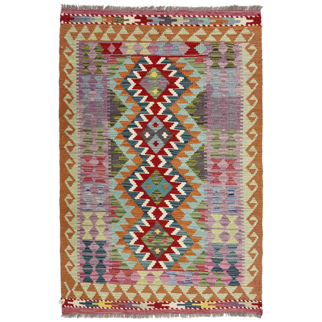 Multicolor Afghan Vegetable Kilim Rug 3' 0" x 4' 11" Flat-Weave | No. AL10529