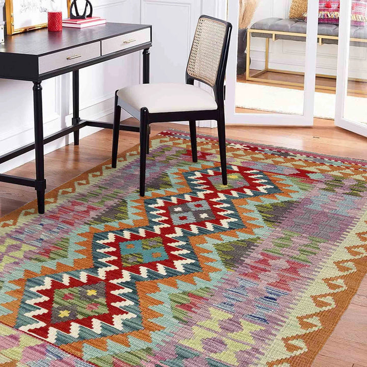 Multicolor Afghan Vegetable Kilim Rug 3' 0" x 4' 11" Flat-Weave | No. AL10529