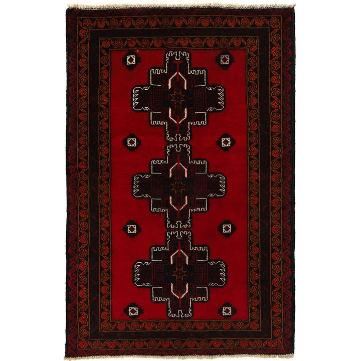 Red Afghan Baluchi Rug 3' 1" x 4' 9" Hand-Knotted | No. AL10591