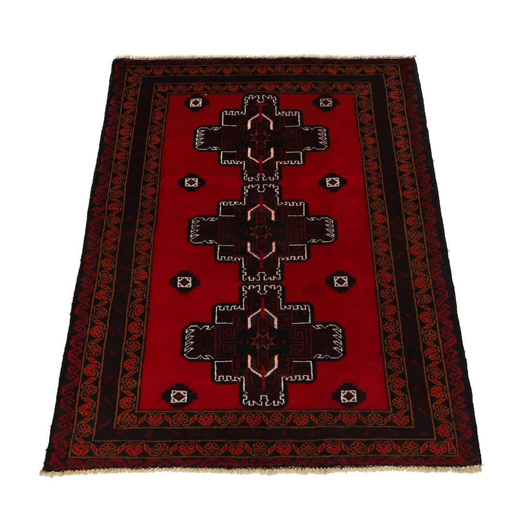 Red Afghan Baluchi Rug 3' 1" x 4' 9" Hand-Knotted | No. AL10591