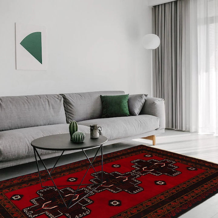 Red Afghan Baluchi Rug 3' 1" x 4' 9" Hand-Knotted | No. AL10591
