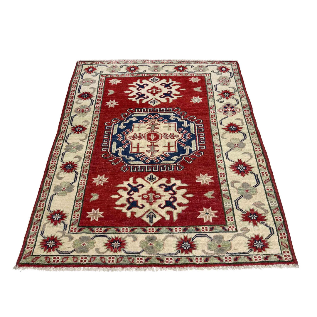 Red Afghan Kazak Rug 2' 8" x 3' 10" Hand-Knotted | No. AL10725